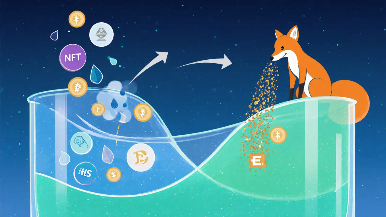 Animated liquidity pool showing NFTs and ETH swapping along a curved slope with fee particles.