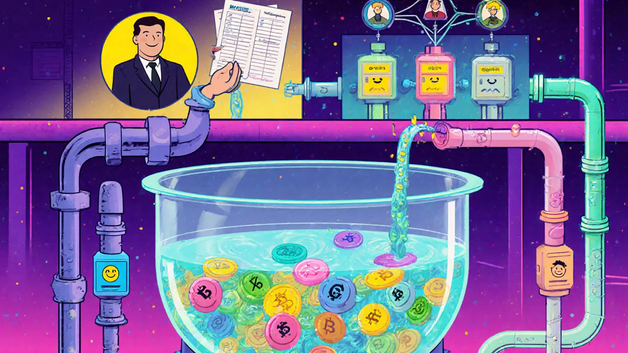 Cartoon factory shows coins mixing and splitting into random addresses.