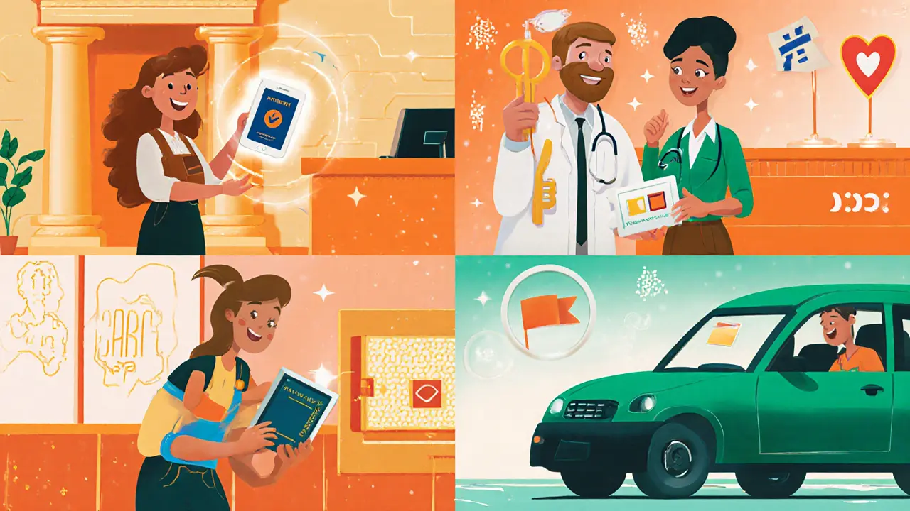 Cartoon of bank, airport, telehealth, and ride‑share using digital wallets and blockchain for identity checks.