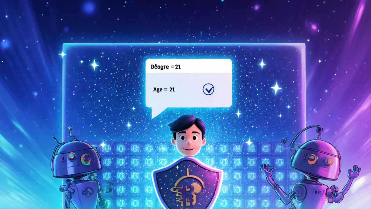 Cartoon showing a zero‑knowledge proof shield confirming age without revealing the birthdate.