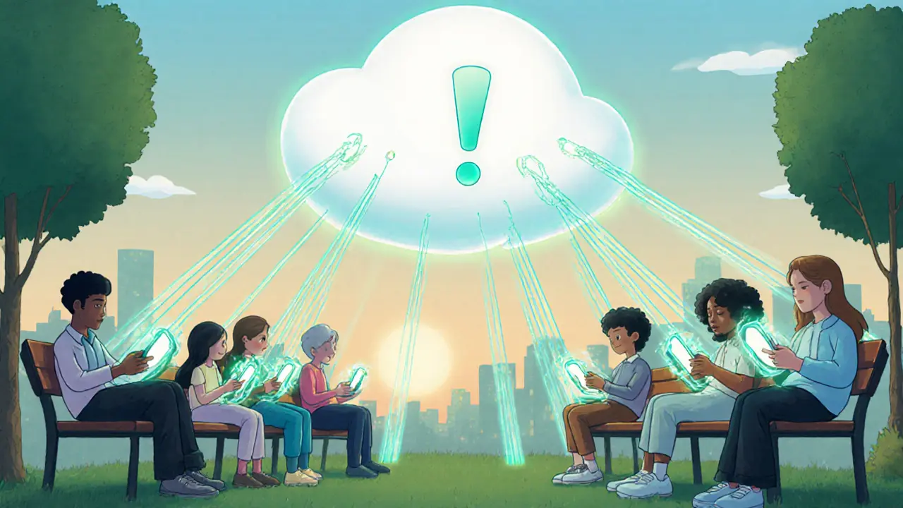 Futuristic park where people’s devices send light to a central cloud representing a compute network.