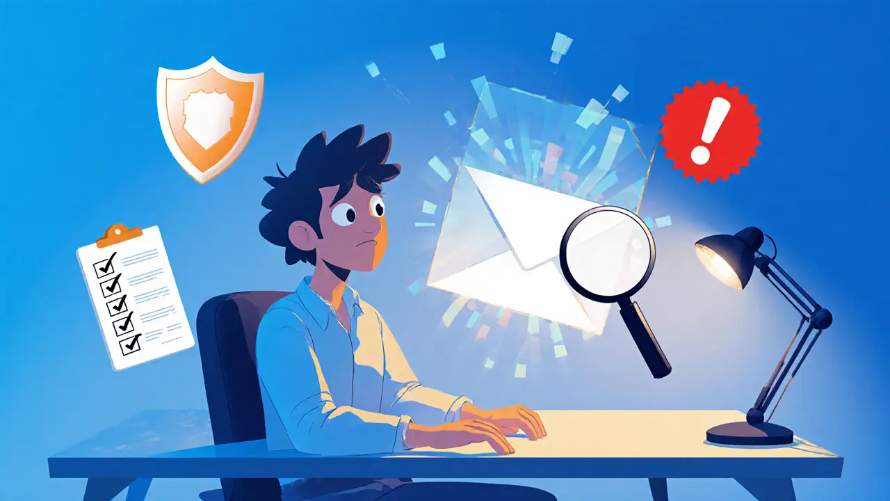 Tech user examining a mysterious holographic envelope with a magnifying glass and warning icons.