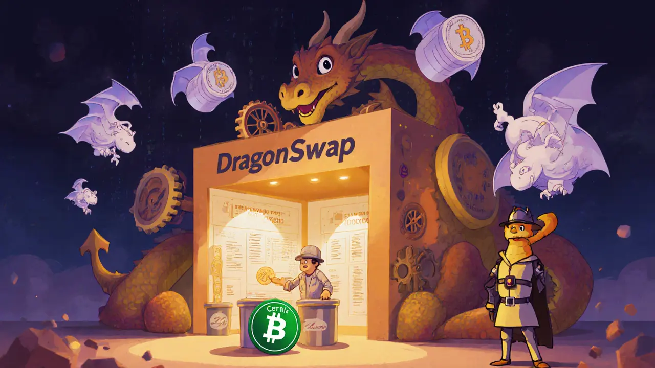 A dragon factory creates pair contracts and shows concentrated liquidity with a security badge.