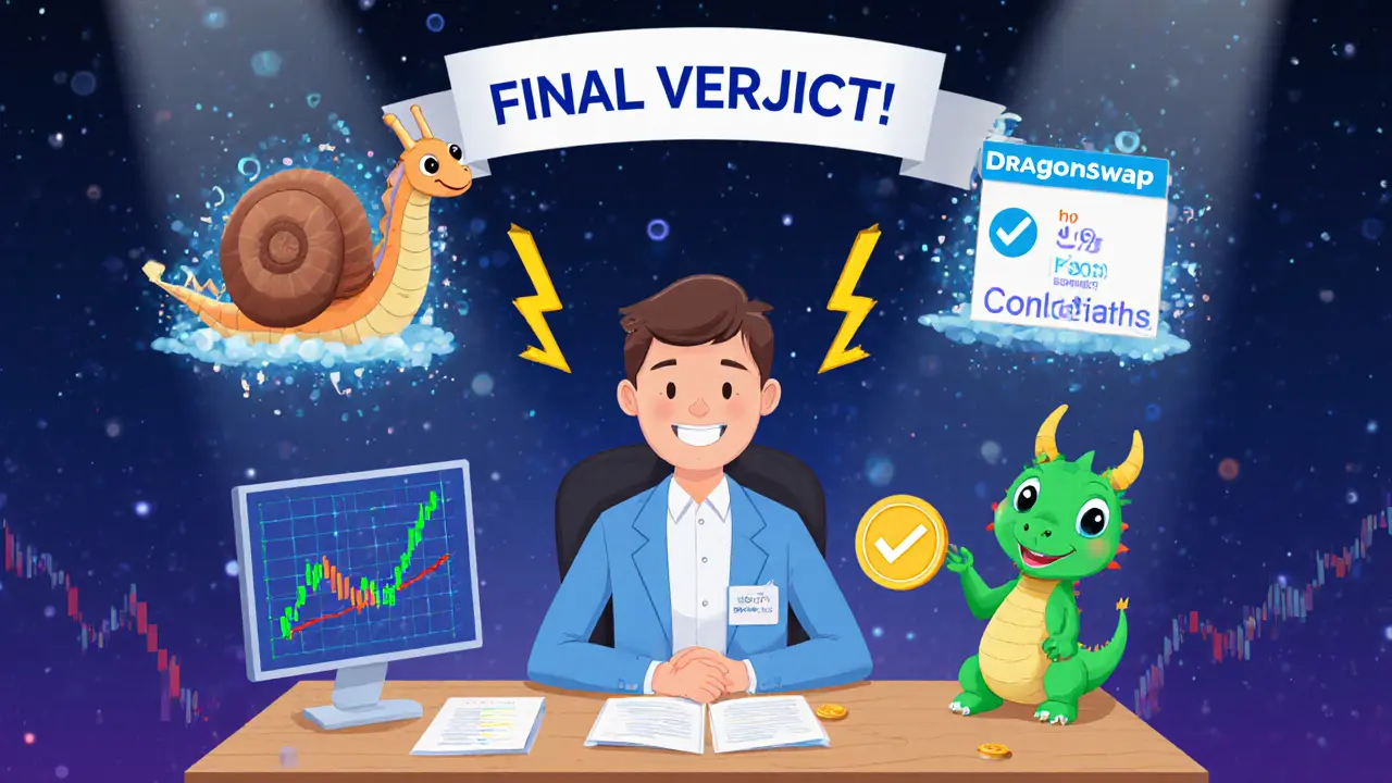 A trader uses a dragon‑assisted DEX for quick swaps, contrasting it with a slower exchange.