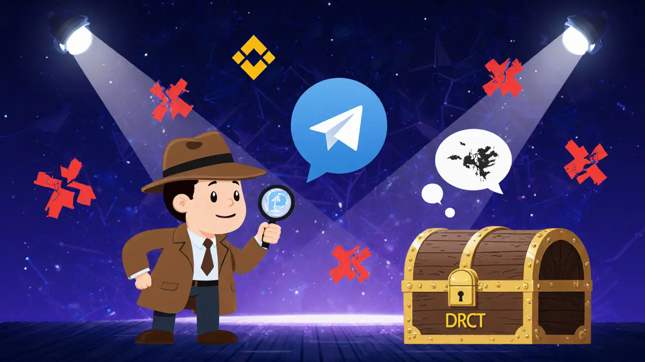 Cartoon detective examines red‑flag symbols like a broken Binance logo and sketchy Telegram chats.