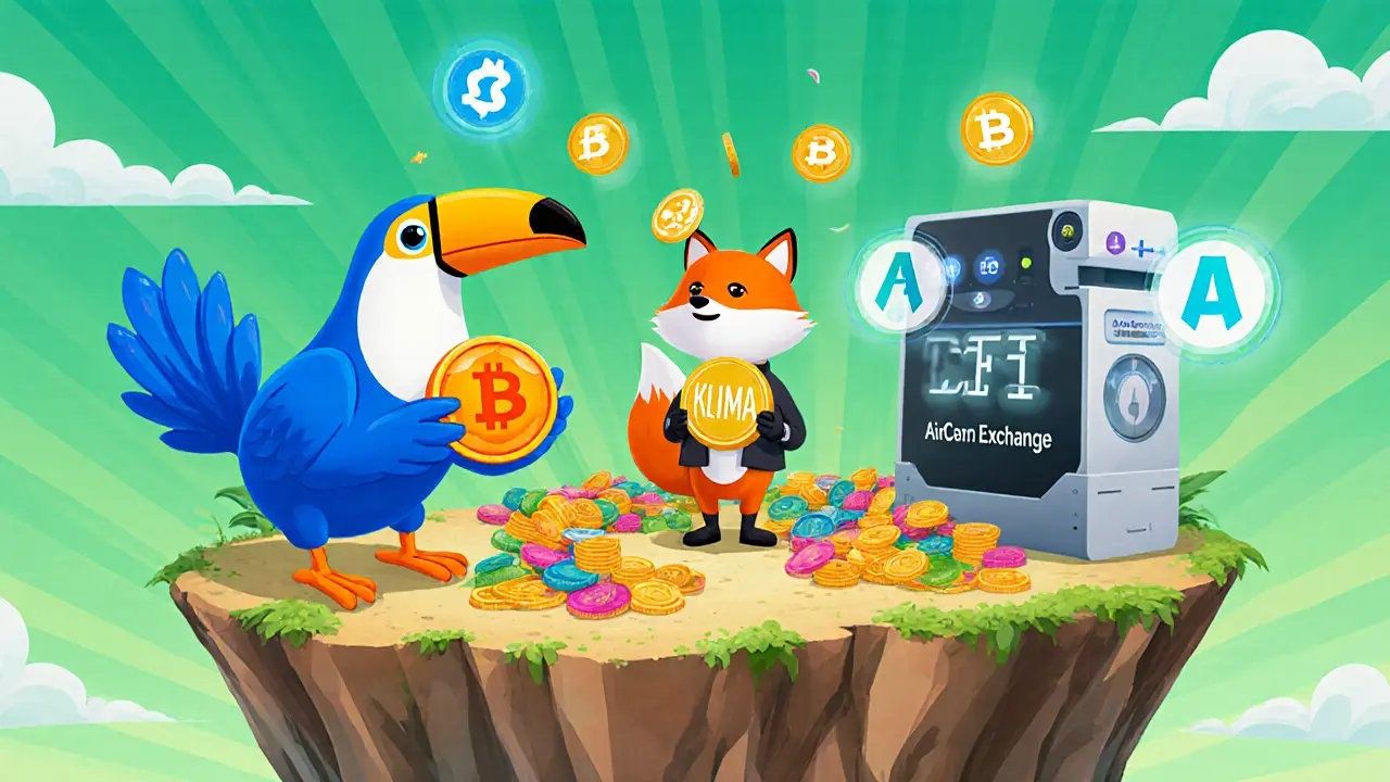 Cartoon mascots for Toucan, Klima, and AirCarbon exchange tokens in a vibrant floating marketplace.