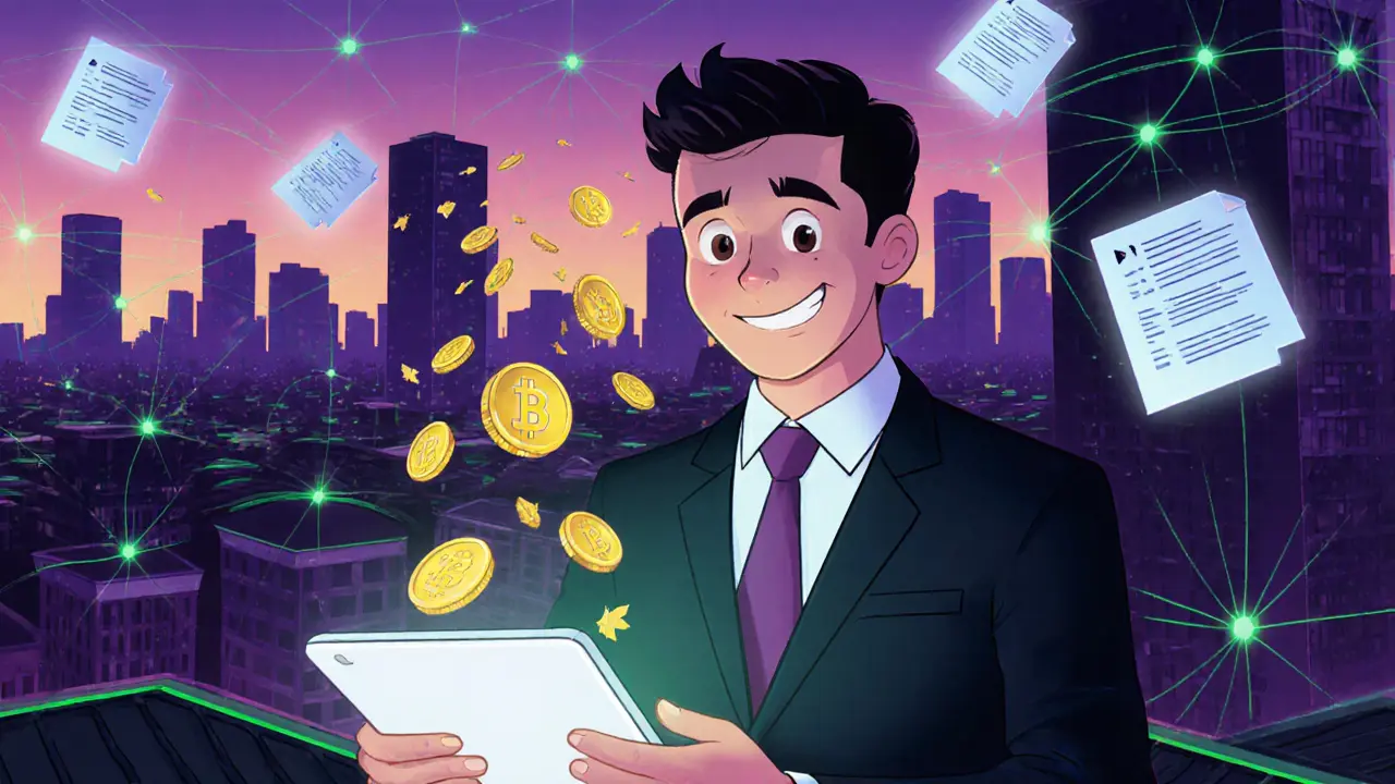 Executive retires digital carbon tokens over a futuristic city with glowing blockchain connections.