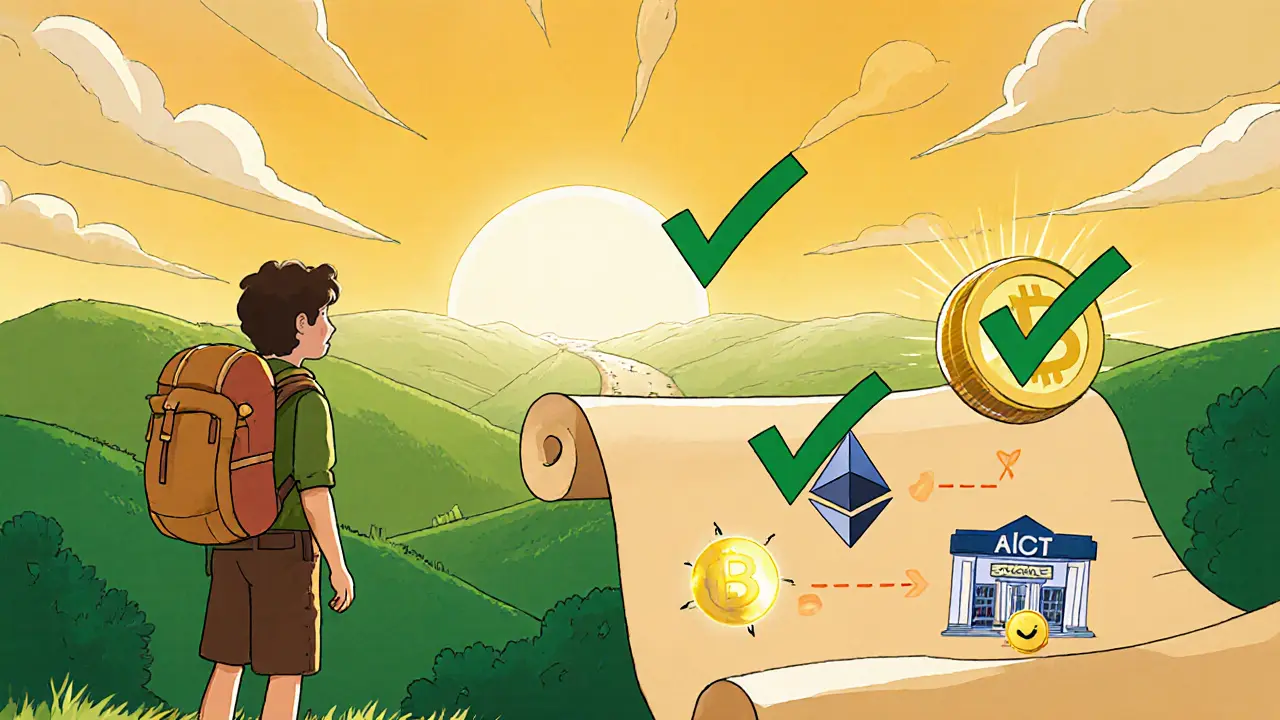 Explorer looks at a sunrise roadmap with Ethereum, exchange, and glowing DRCT token checkmarks.