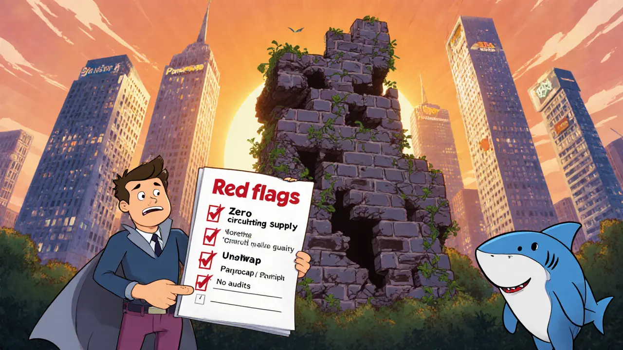 Guide holds checklist of red flags beside a broken SharkySwap tower, with active DEX buildings behind.