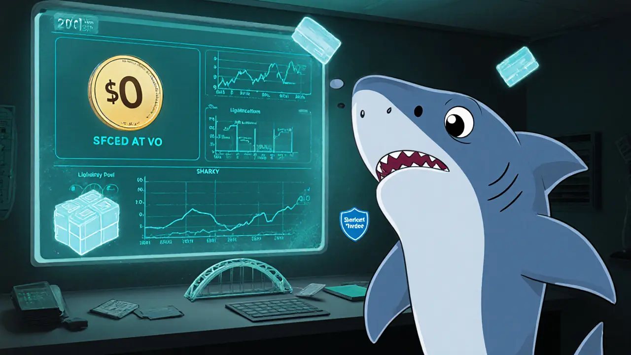 Shark mascot examining empty crypto dashboards showing zero volume and TVL.