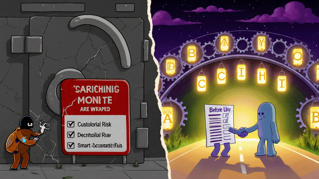 Split scene showing vault risk on left and DAO bridge with checklist on right, illustrating risks and future.