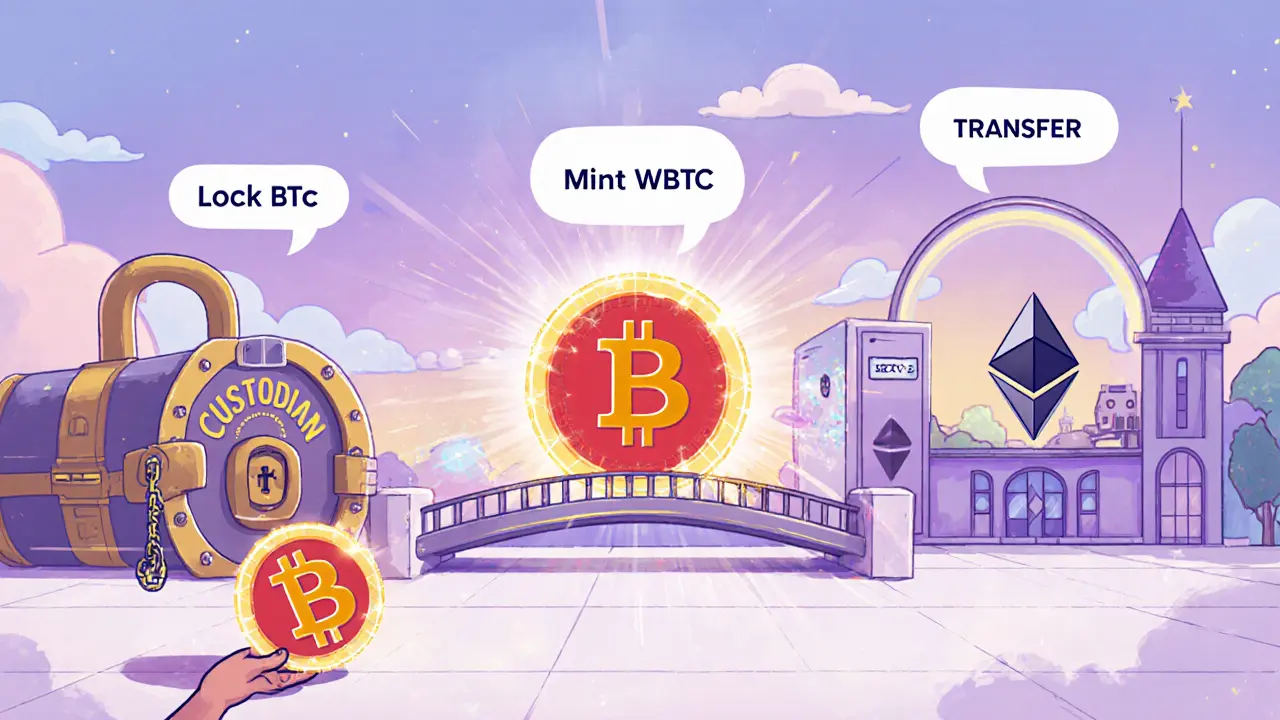 User hands a Bitcoin coin to a vault, which mints a WBTC token on an Ethereum bridge.