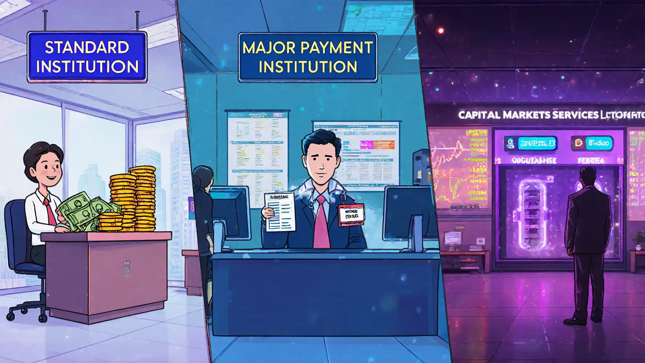 Cartoon office showing three crypto licensing tiers: SPI, MPI, and CMS with compliance officers.