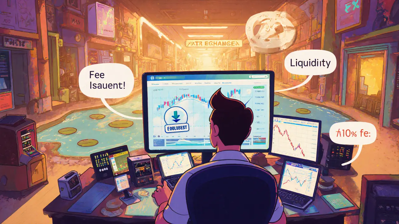 Cartoon trader at a desk showing a fee discount badge with TDX and a low‑liquidity river.