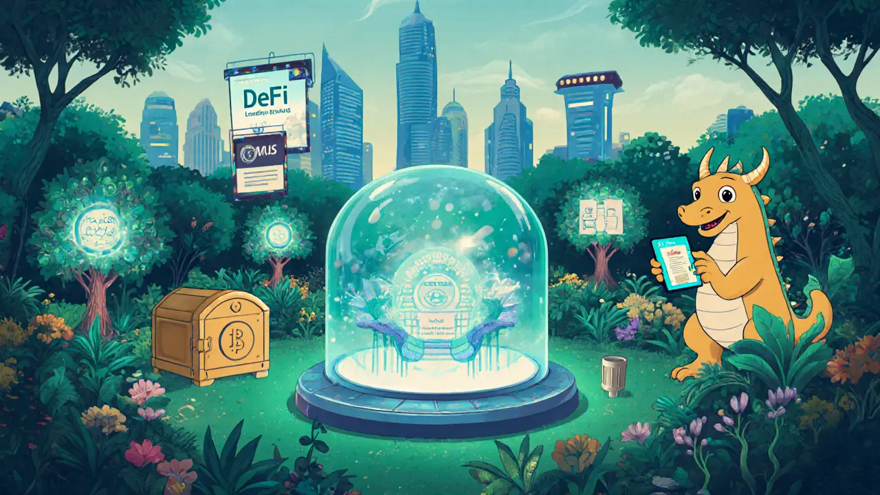 Futuristic garden sandbox with DeFi trees, stablecoin vault, and MAS dragon overseeing regulations.