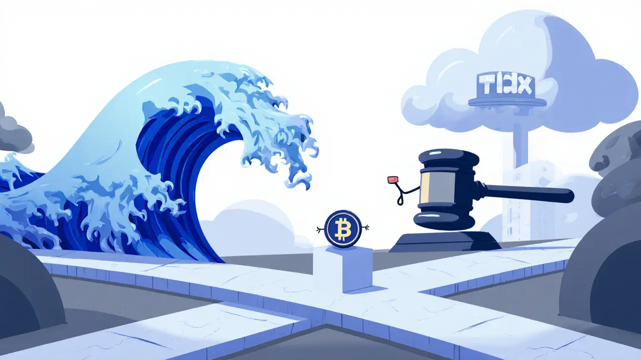 Whimsical crossroads with a wave, regulator cloud, and TDX coin hinting at future integration.