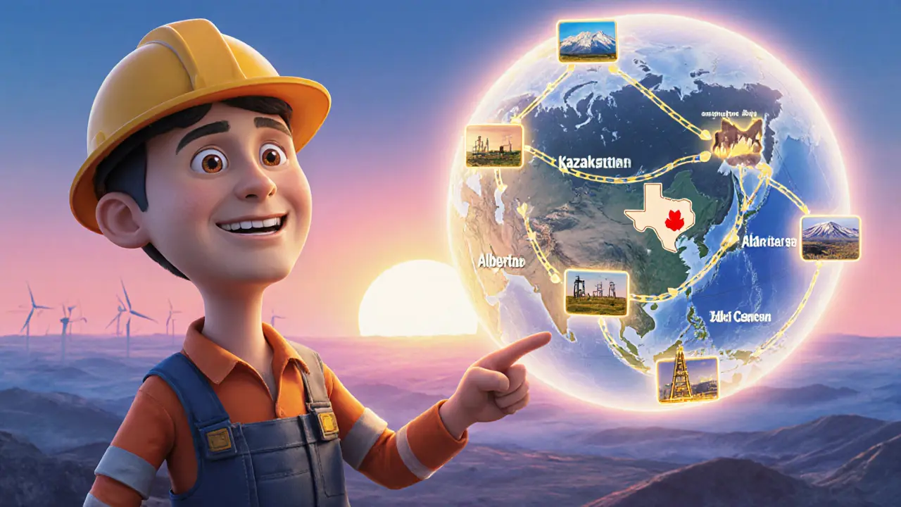 Cartoon miner points at a globe showing future mining destinations like Alberta and Iceland.