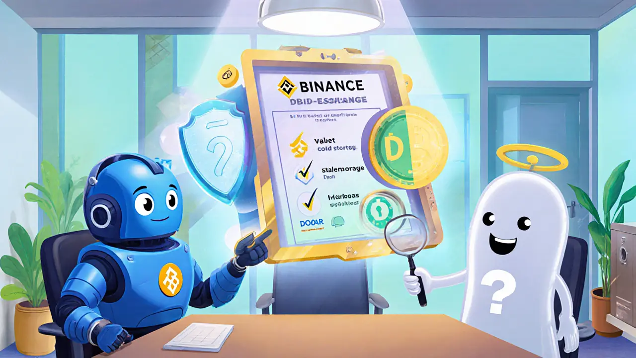 Cartoon scene comparing security features of three exchanges with icons and avatars.