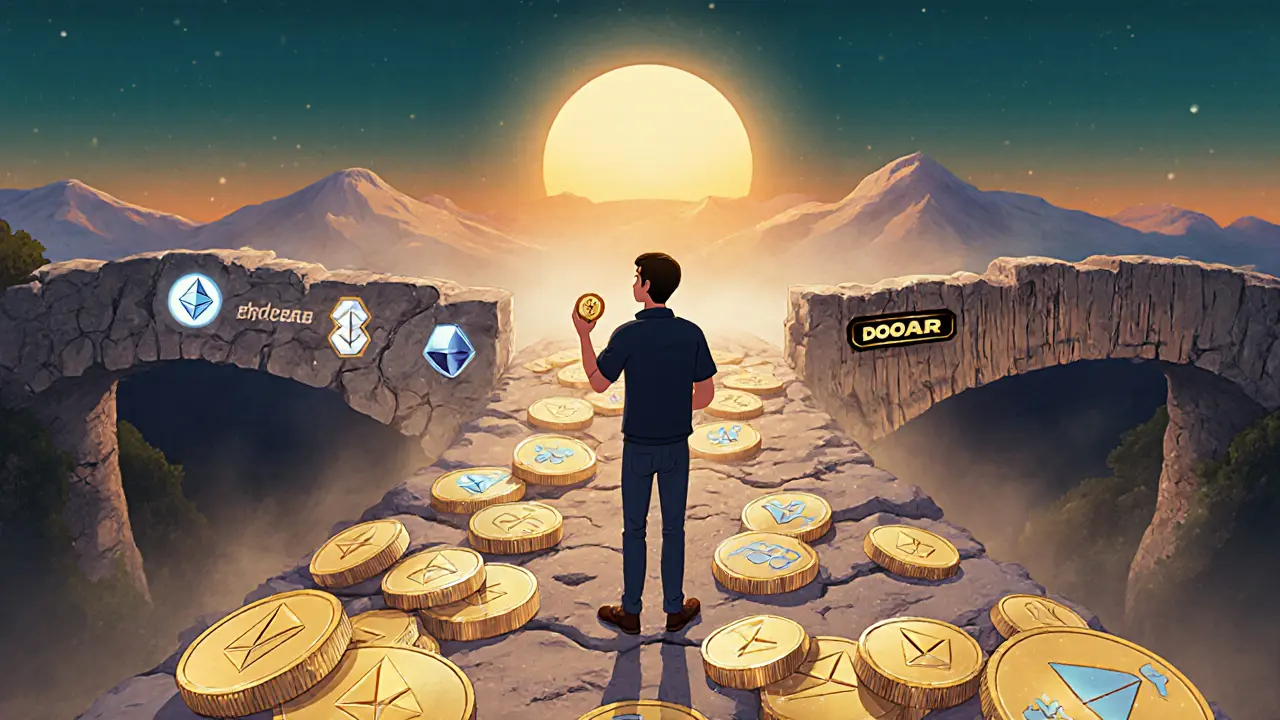 Cartoon trader at a fork in the road, choosing between a solid bridge and a shaky one.