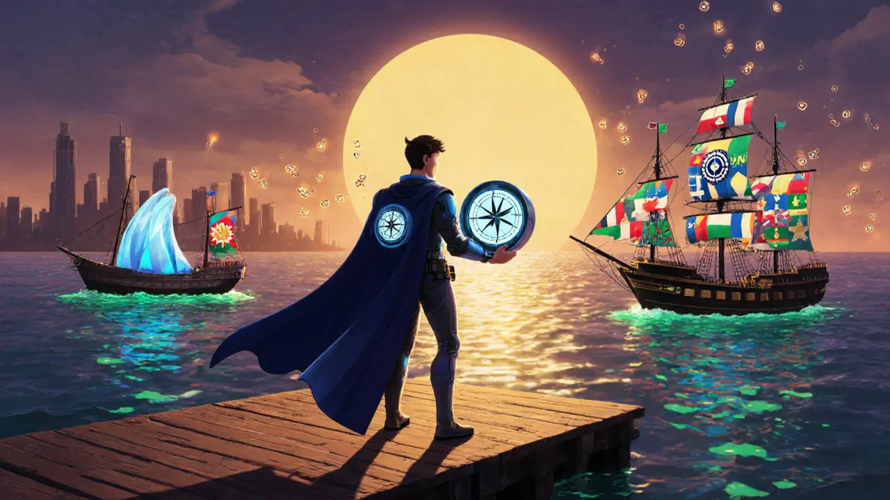 Trader on a dock pointing a compass at iceberg, TWAP, and router ships sailing on a digital asset sea.