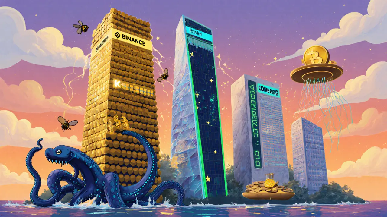 Whimsical skyline of five exchange buildings shaped like a beehive, kraken, glass tower, marble column, and floating pancake.