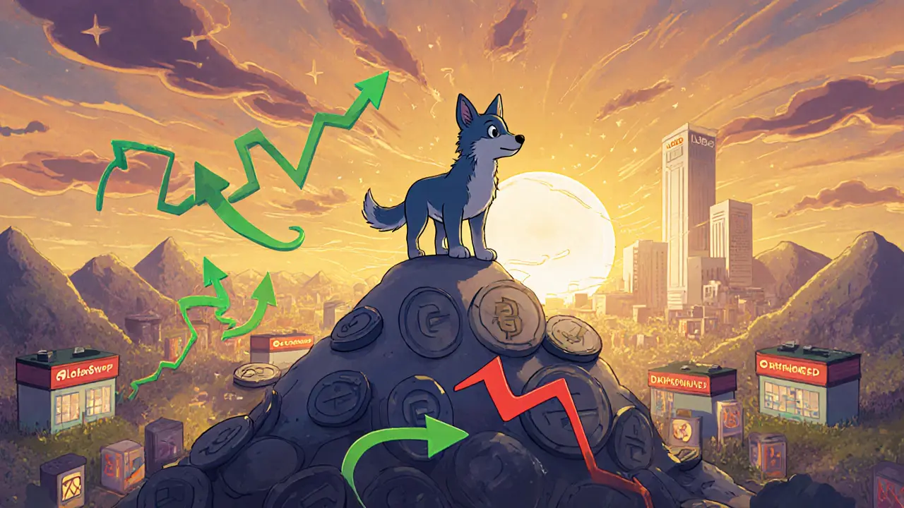 Wolf pup atop a pile of tokens looking over exchange buildings and price arrows at sunset.