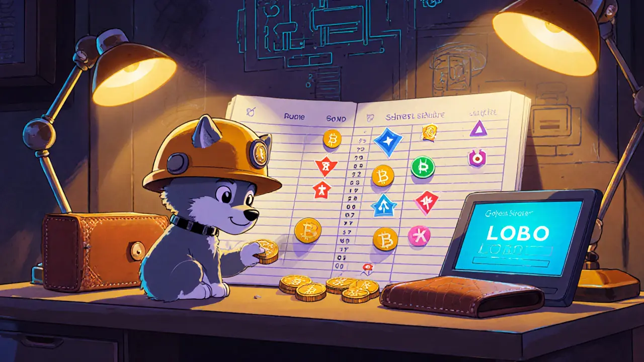 Wolf pup in a workshop examining a ledger with rune‑marked satoshis and wallet screens.