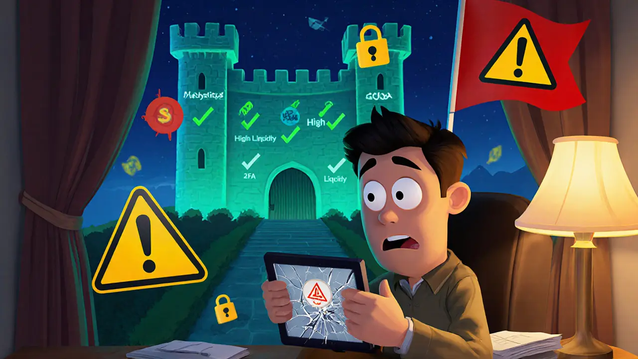 A worried trader standing before warning symbols and a safe, bustling exchange in the background.