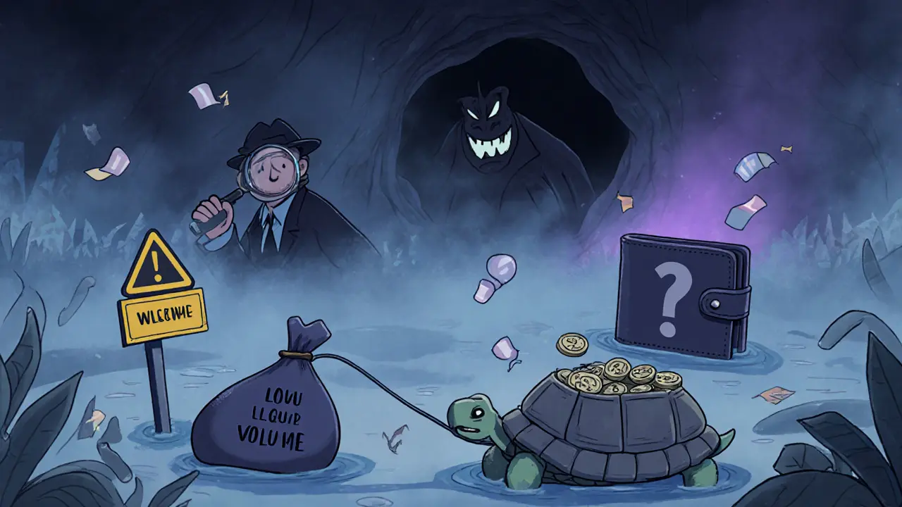 Cartoon depicts low liquidity swamp, detective checking charity wallet, and a looming rug‑pull monster.
