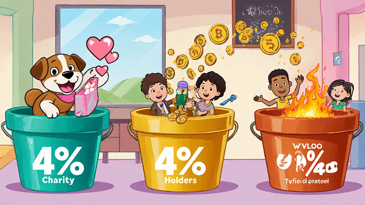 Cartoon scene shows three buckets splitting WLBO fees: charity, holders, and burn.