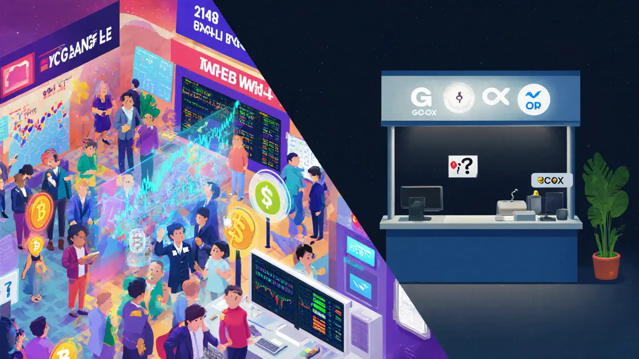 Side-by-side cartoon contrast of a bustling major exchange and an empty GCOX kiosk.