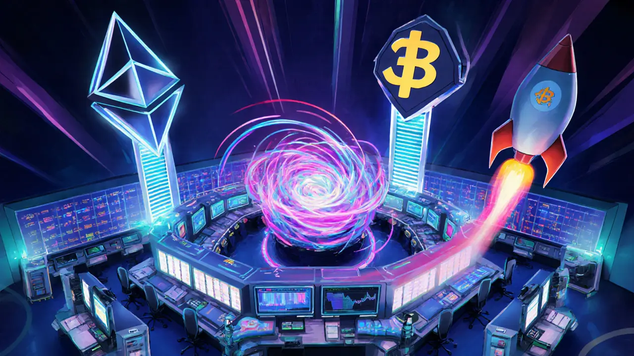 Technical scene showing off‑chain matching, Ethereum and BSC pillars, and AMM pool.