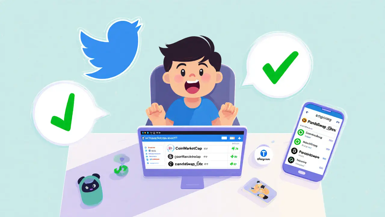 Crypto enthusiast at a desk completing watchlist, Twitter, and Telegram tasks with floating checkmarks.