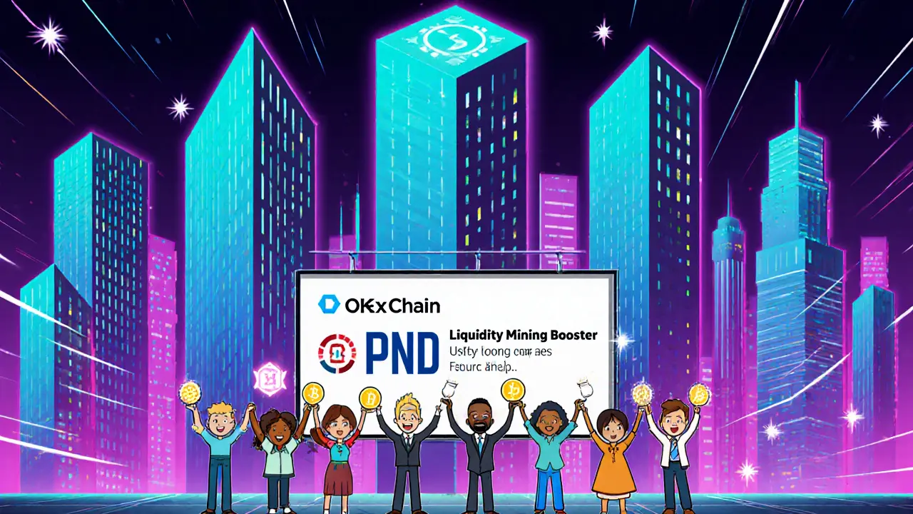 Futuristic city scene with happy characters holding glowing PND tokens celebrating future upgrades.