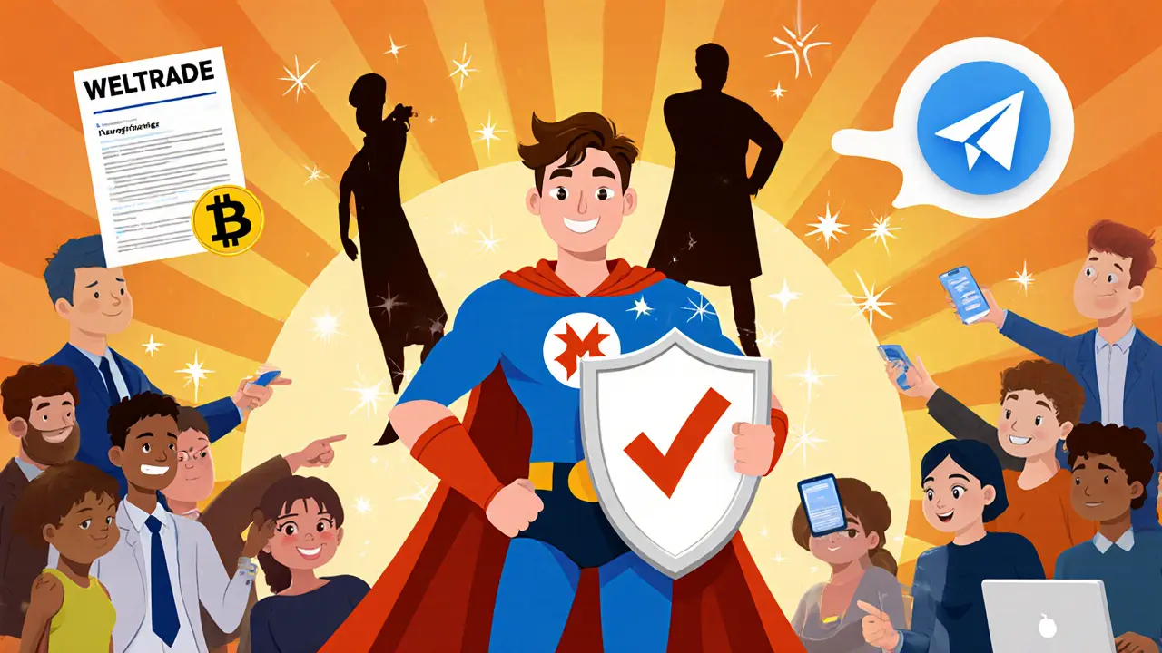 Hero with shield protects users from scammer as community members report fake Welcoin exchange.