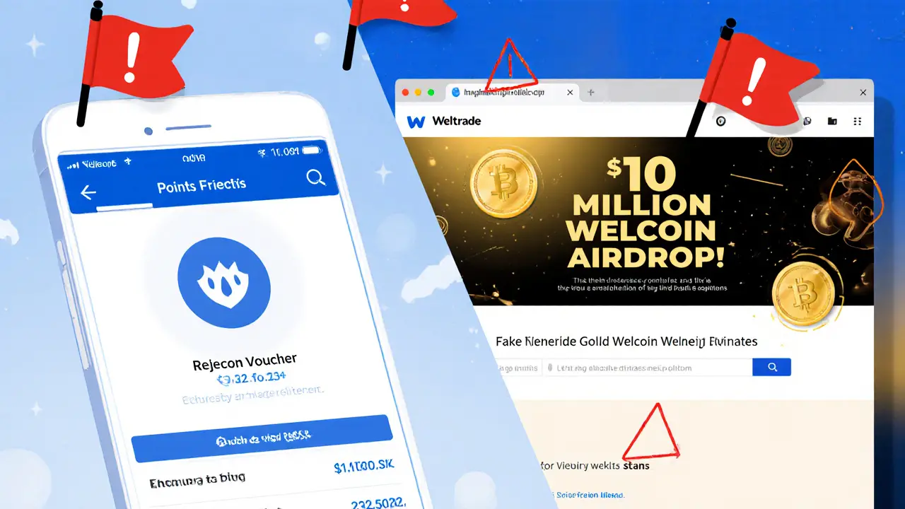 Split-screen shows genuine Welcoin loyalty program versus fake exchange with red flag warnings.