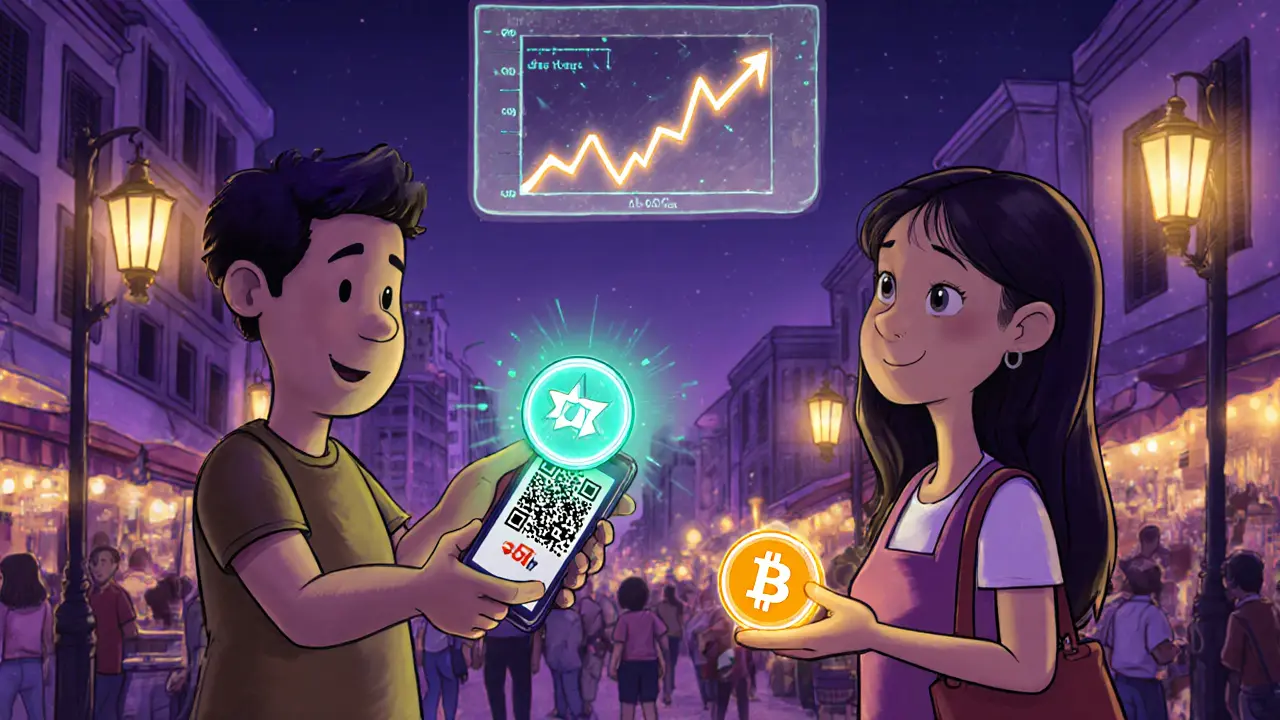 Street vendor accepting USDT QR payment while a shopper holds a glowing Bitcoin symbol.