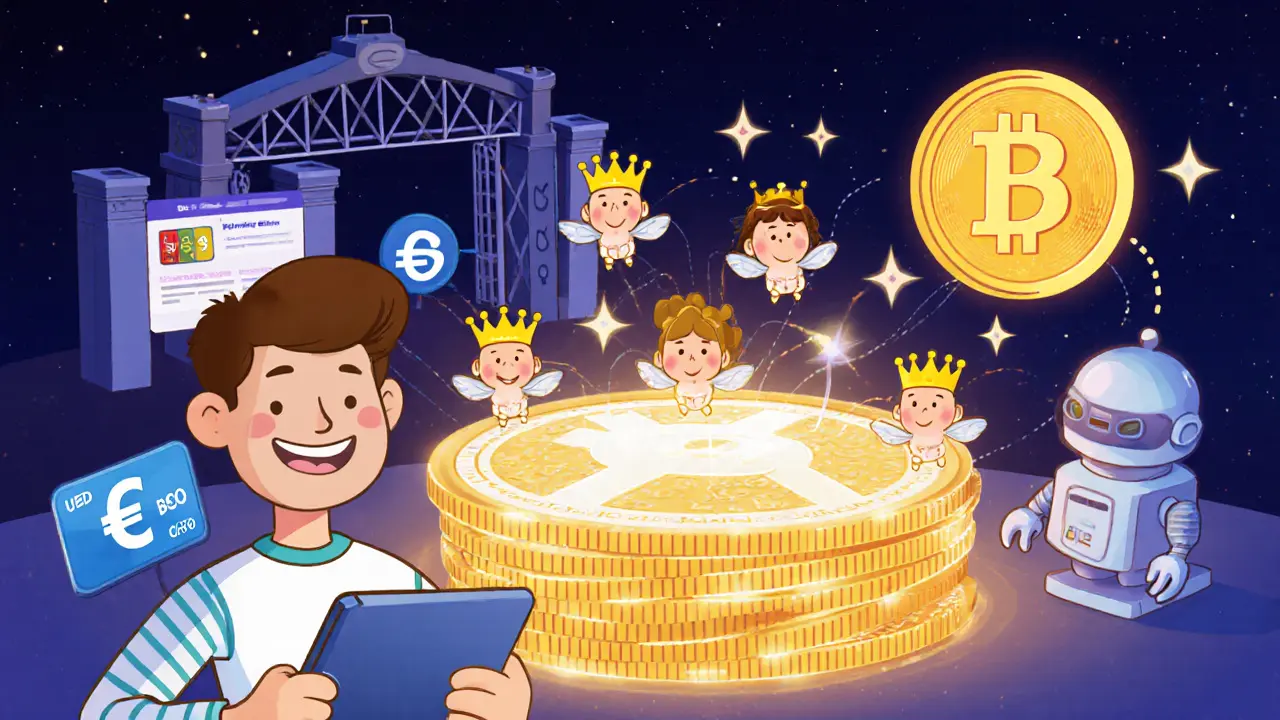 User with tablet beside animated DPoS delegates, fiat gateway, and spinning BridgeCoin token.