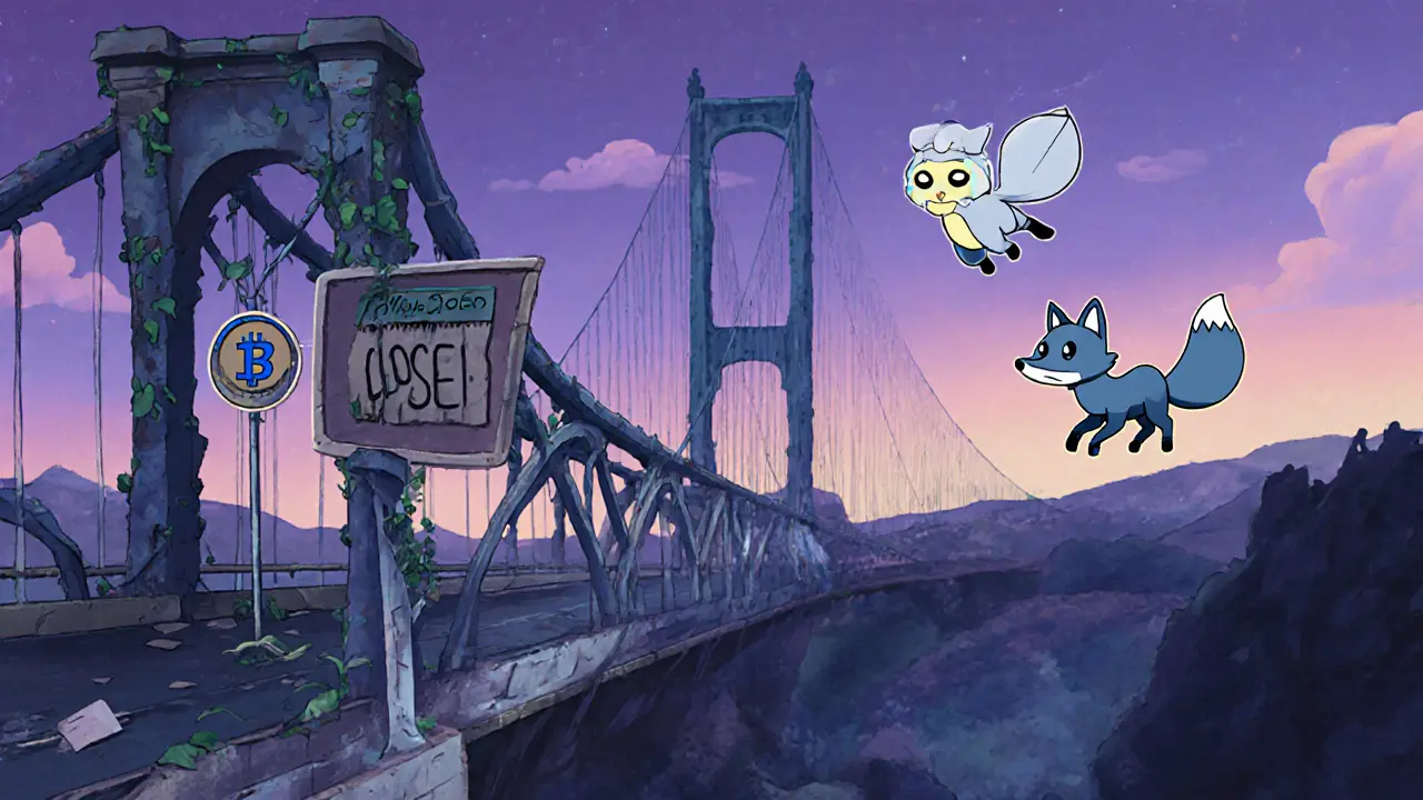 Weathered CryptoBridge bridge with a closed sign, dimmed token, and modern avatars nearby.