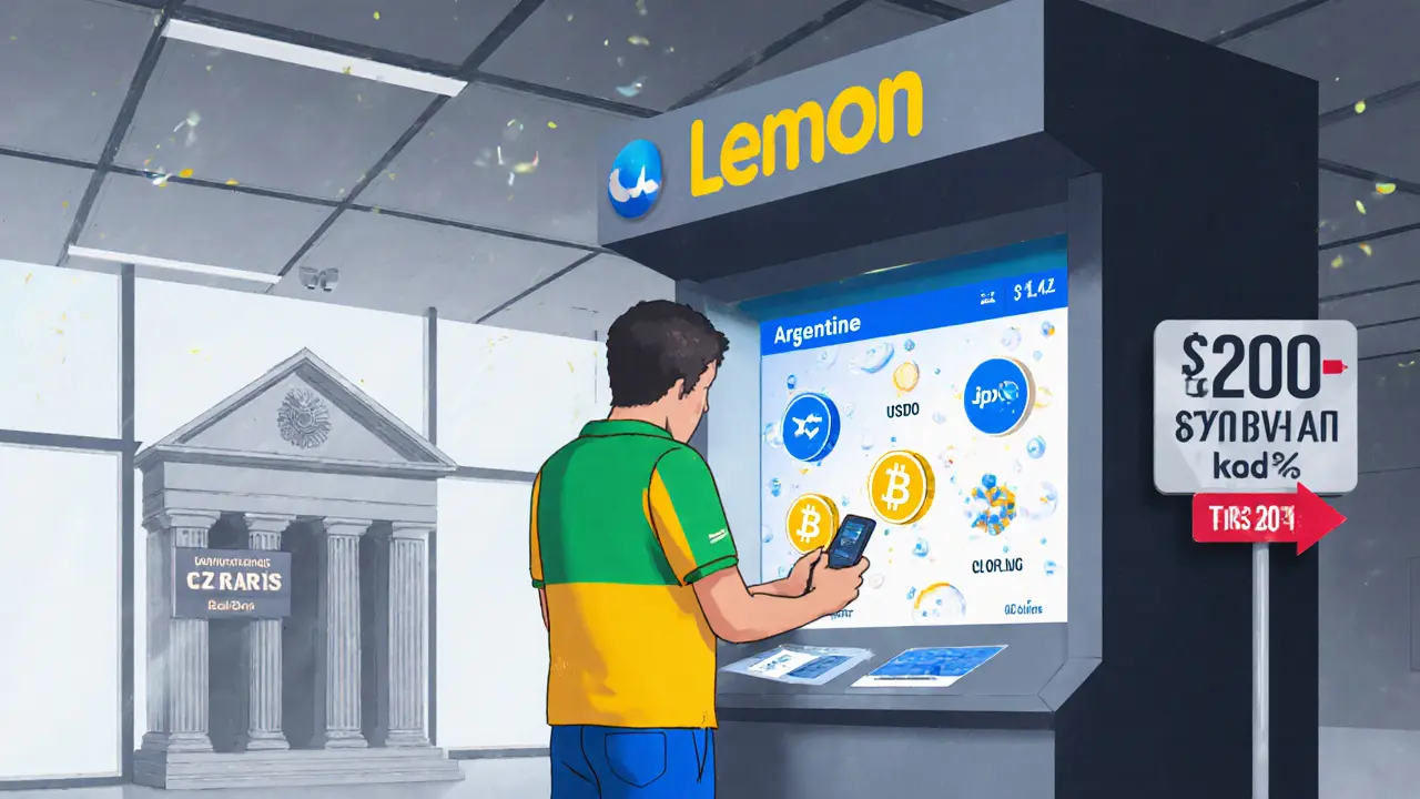 Young user converting pesos to stablecoins on a smartphone at a Lemon exchange kiosk.