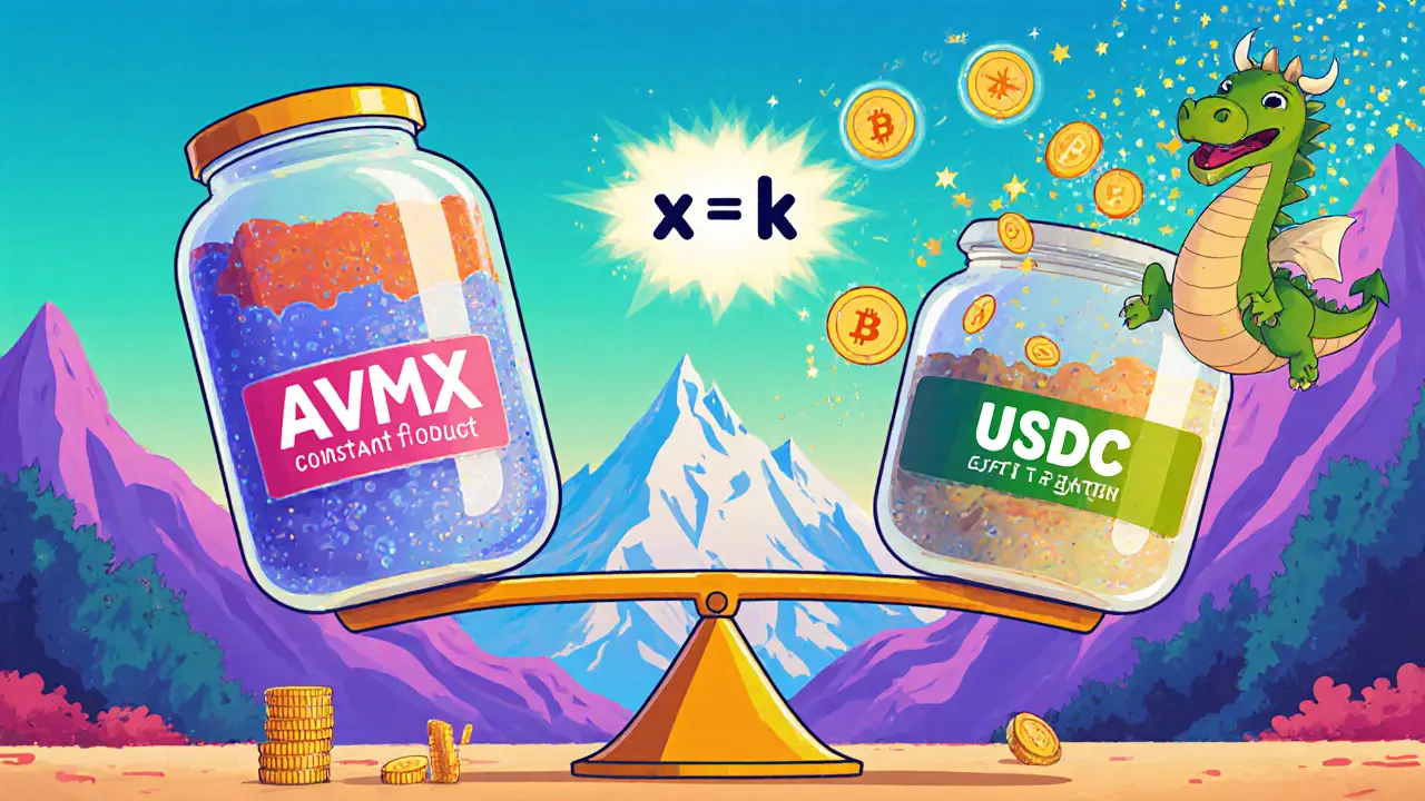 Animated AMM pools balance AVAX and USDC with a flash‑swap dragon.