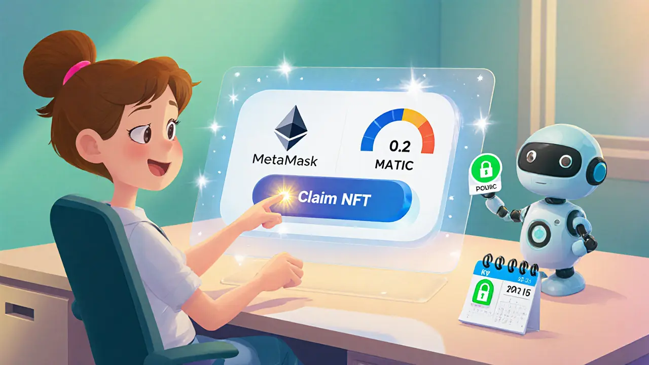 Animated character clicks a Claim NFT button with gas meters and KYC badge visible.