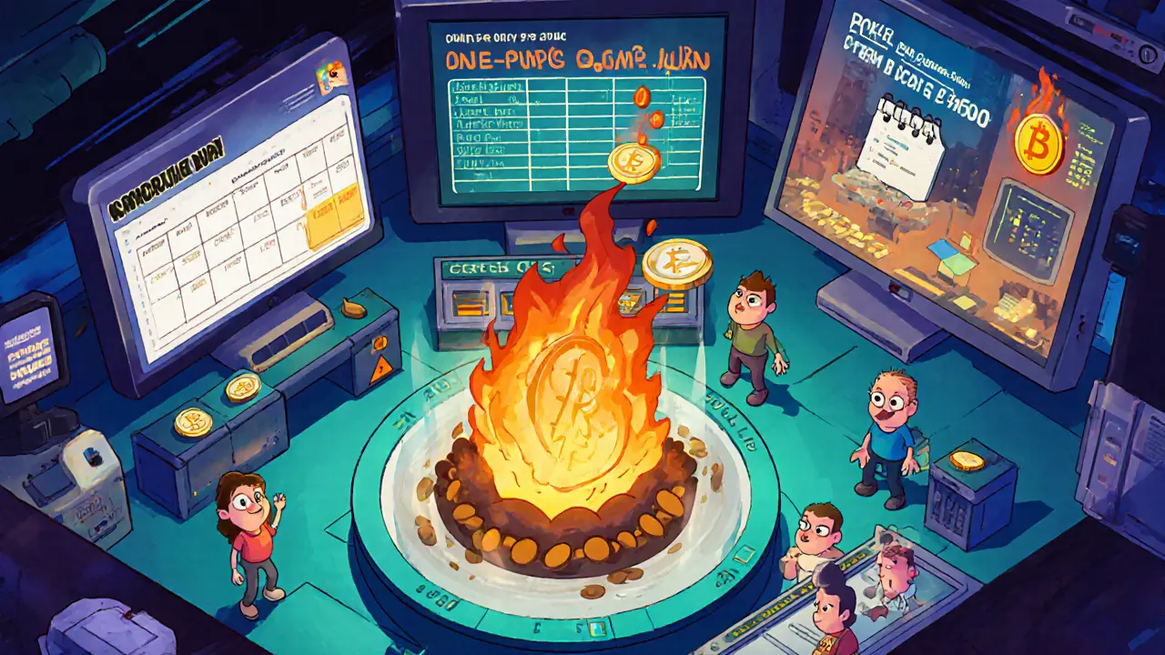 Animated control room showing different token burn mechanisms like scheduled and DAO burns.