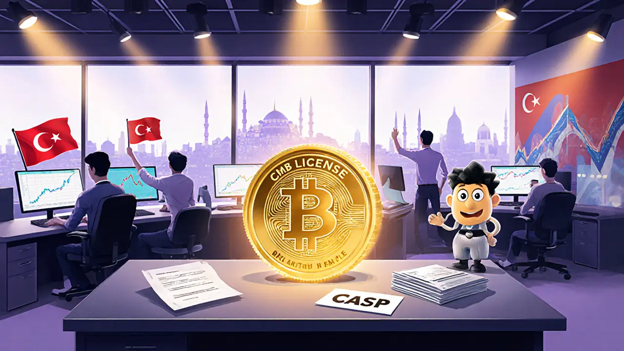 Animated crypto exchange office with traders, CMB license and rising charts.