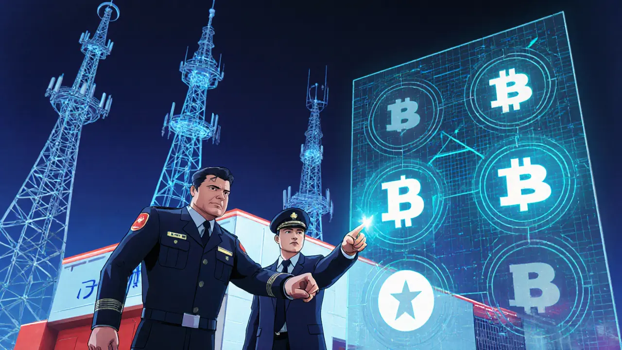 Bank officers and police monitor holographic crypto data in a high‑tech hub.