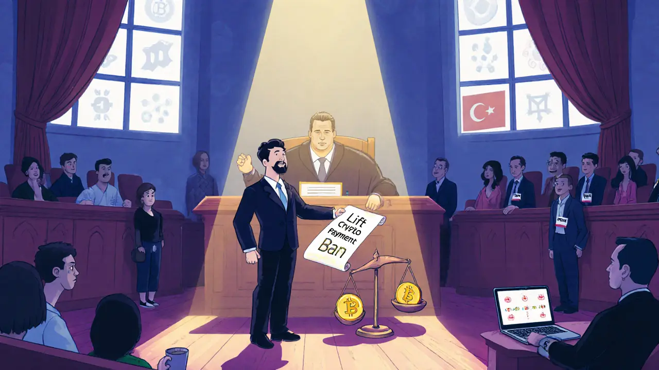 Courtroom drama with lawyer arguing to lift the ban, judge holding crypto scales.