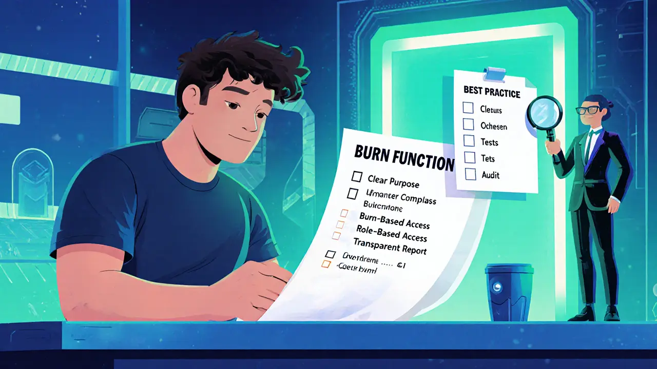 Developer and auditor reviewing burn contract code with checklist and futuristic portal.