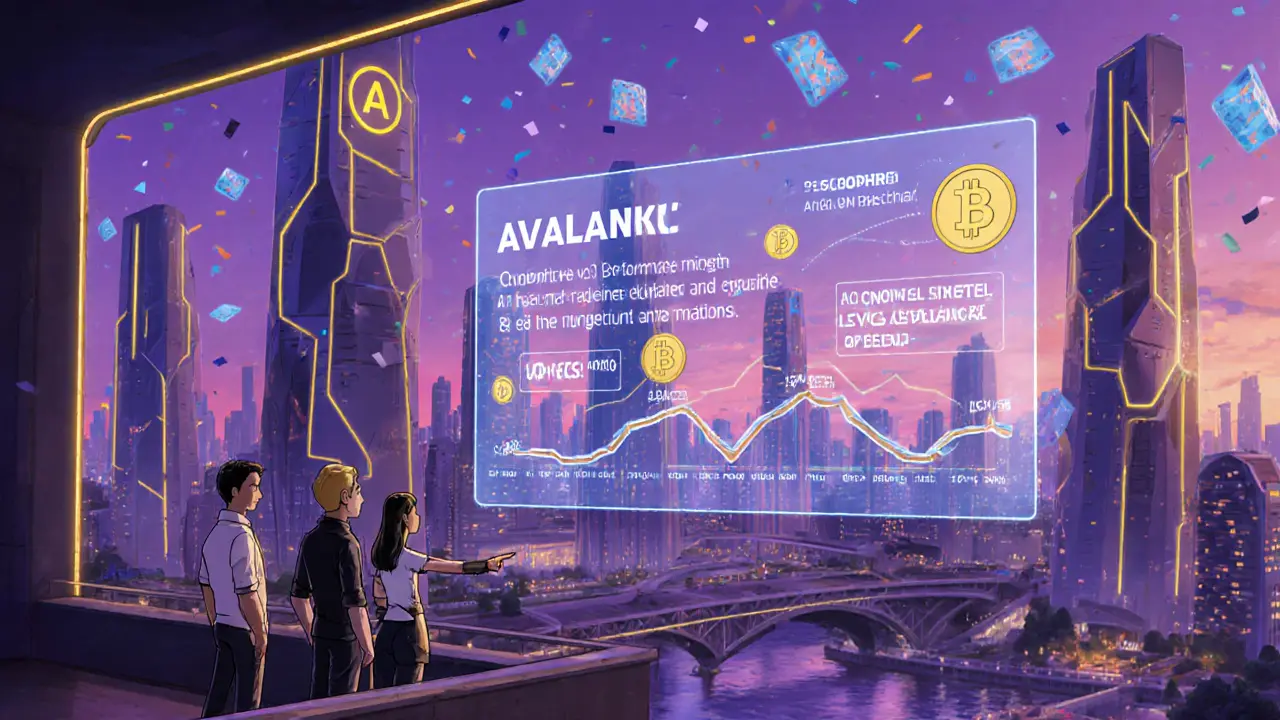 Future Avalanche city with characters discussing v3 upgrades.