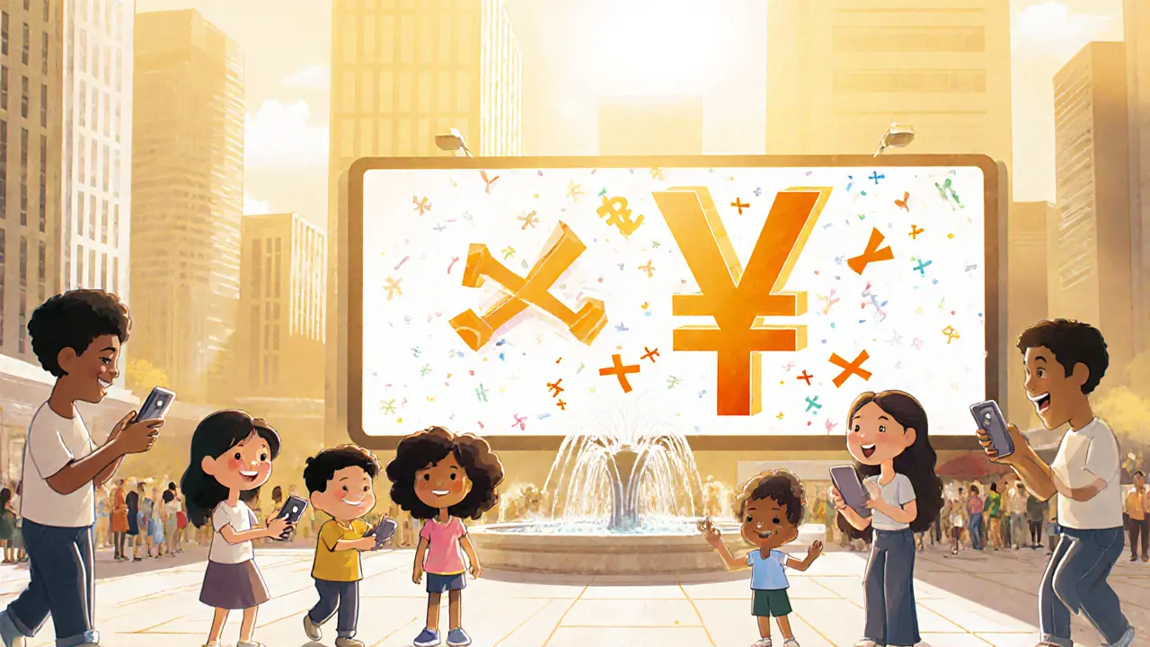 People use smartphones to pay with the digital yuan in a sunny city plaza.