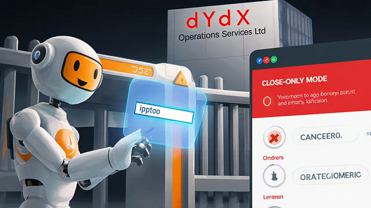 Robot gatekeeper scans an IP address while a UI panel shows a red warning and dimmed trade buttons.